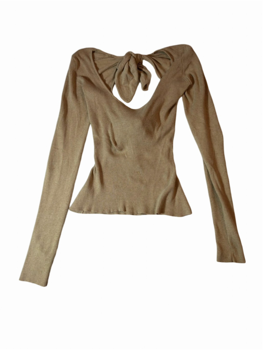 Live The Process Top Medium Beige Ribbed Cutout Tie Front Balletcore